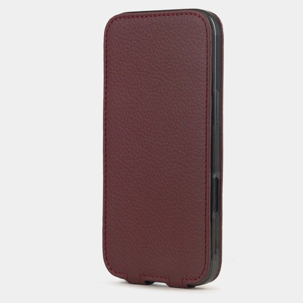 Bordeaux Calfskin Case iPhone 17 Air – upright closed view highlighting the magnetic front cover fully protecting the screen, elegant silhouette