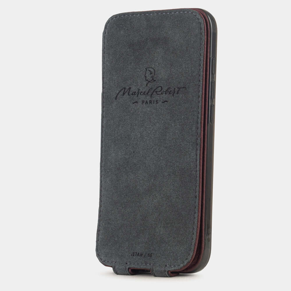 Bordeaux Calfskin Case iPhone 17 Air - interior view showing grey Alcantara lining with magnetic closure, designed to clean and protect the screen