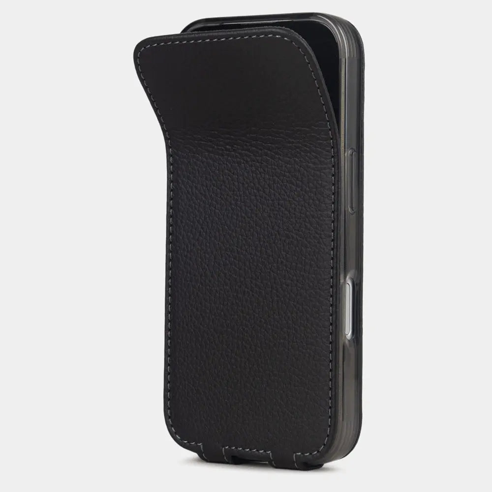 black Calfskin Case iPhone 17 Pro Max – phone flip case with textured natural scale pattern, flexible front cover folding back to protect the smartphone screen