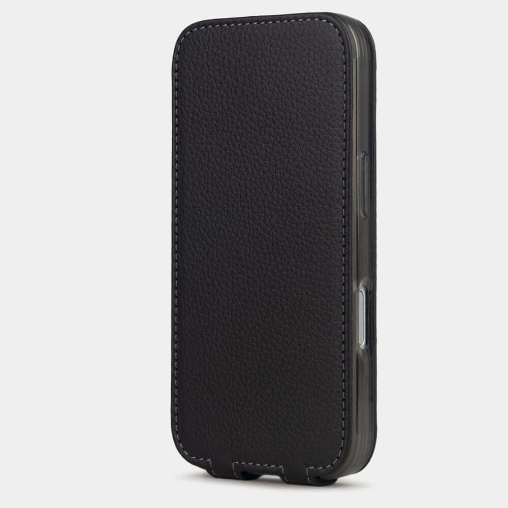 Black Calfskin Case iPhone 17 Pro Max– upright closed view highlighting the magnetic front cover fully protecting the screen, elegant silhouette