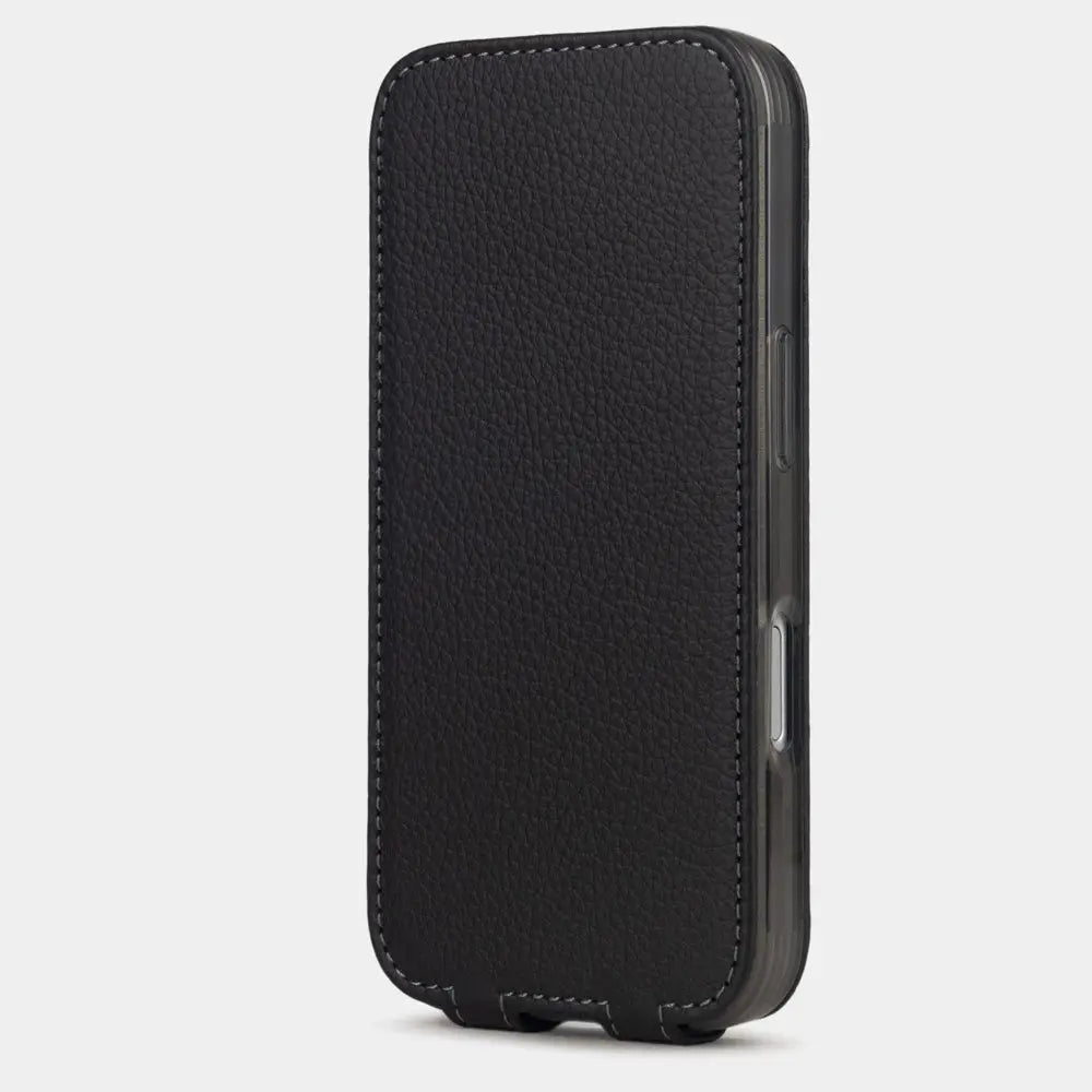 black Calfskin Case iPhone 17 Pro Max – upright closed view highlighting the magnetic front cover fully protecting the screen, elegant silhouette