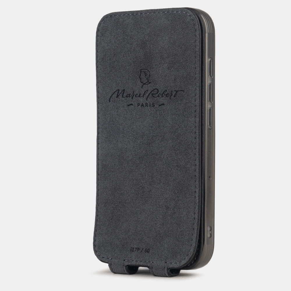 Black Calfskin Case iPhone 17 Pro Max - interior view showing grey Alcantara lining with magnetic closure, designed to clean and protect the screen