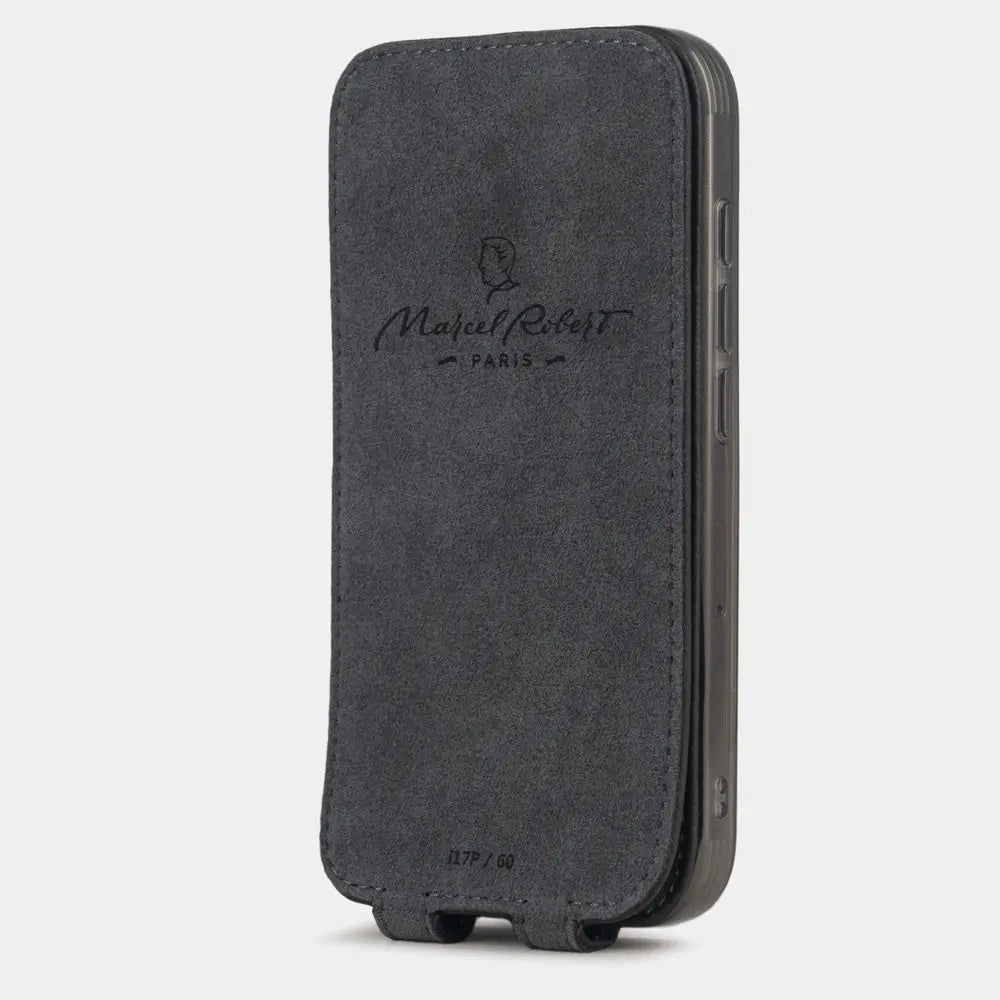 black Calfskin Case iPhone 17 Pro Max - interior view showing grey Alcantara lining with magnetic closure, designed to clean and protect the screen