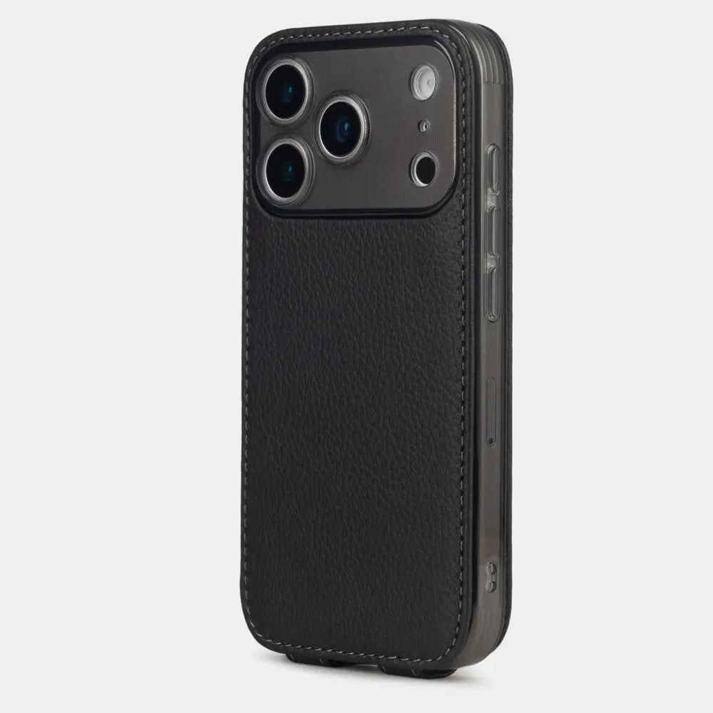 black Calfskin Case iPhone 17 Pro Max silver - view from camera side and how the lenses are efficiently protected