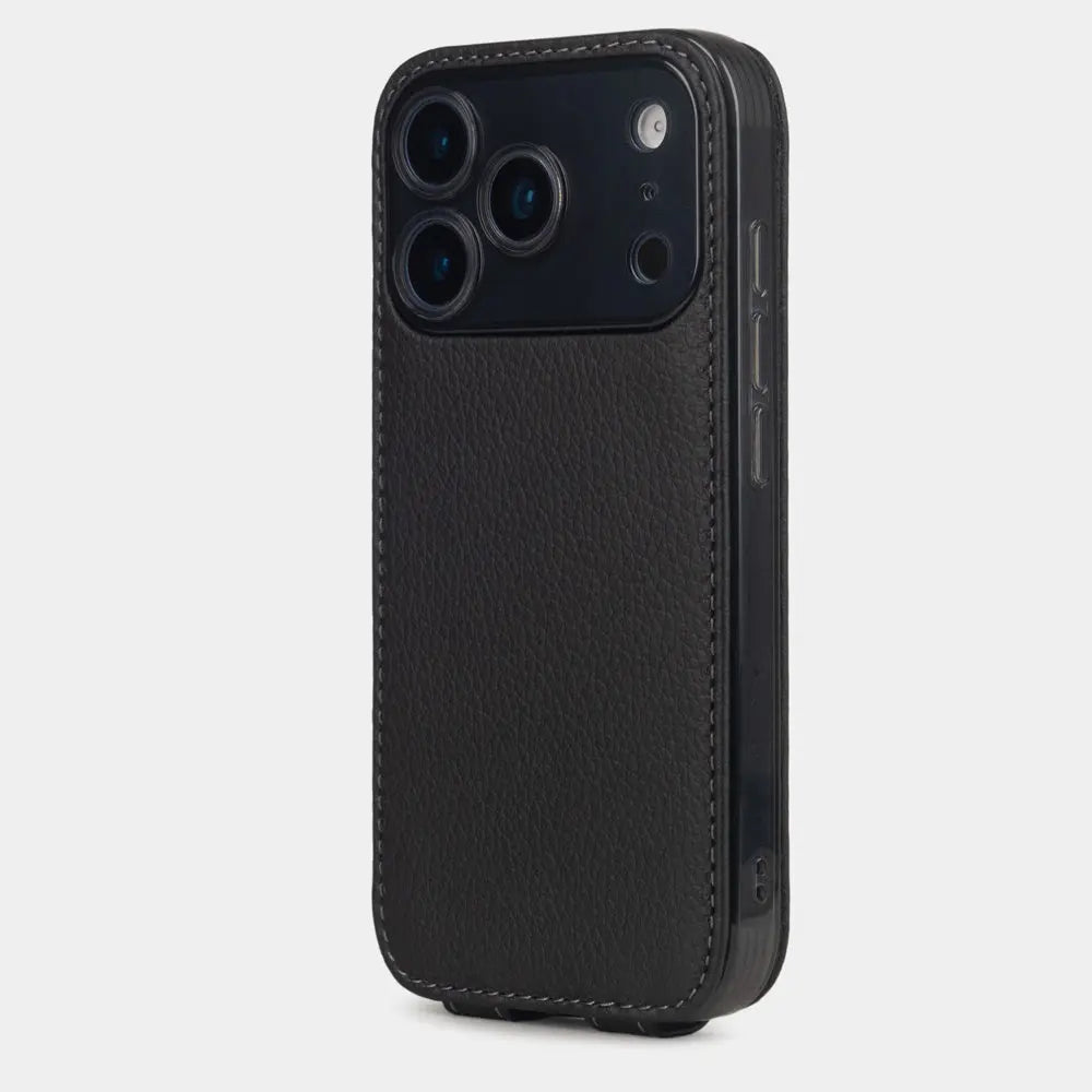 black Calfskin Case iPhone 17 Pro blue - view from camera side and how the lenses are efficiently protected
