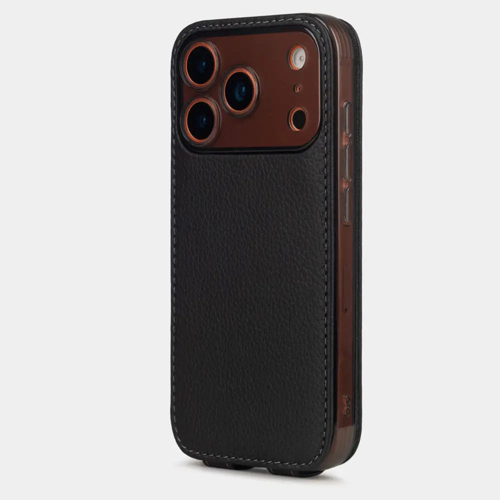 black Calfskin Case iPhone 17 Pro orange - view from camera side and how the lenses are efficiently protected