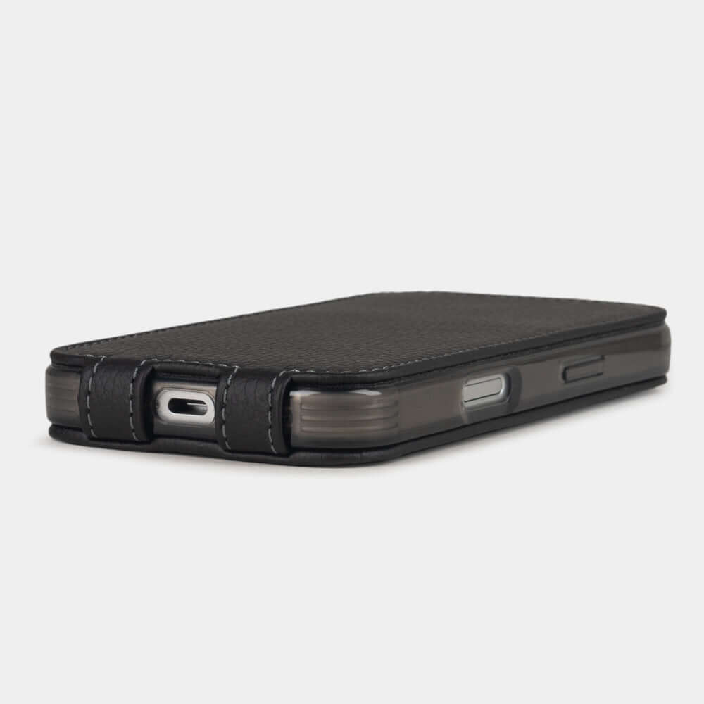 Black Calfskin Case iPhone 17 Pro Max - flat side view displaying ultra-thin handcrafted design, USB-C port opening and precise edge finishing