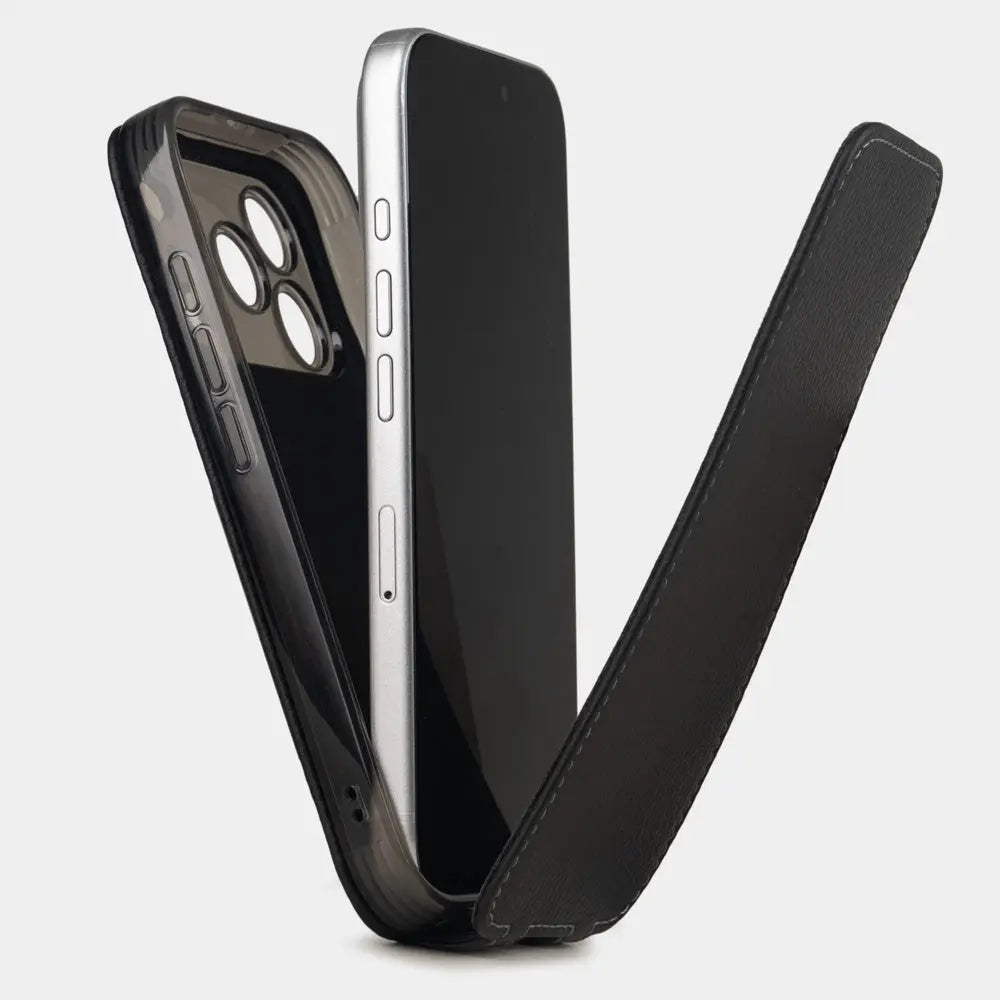 black calfskin Case iPhone 17 Pro Max - view how the iphone is inserted into the silicone case and the soft cover