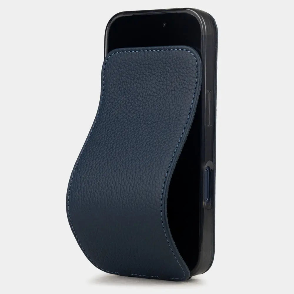 blue calfskin case iPhone 17 Pro Max – luxury handmade phone case in genuine leather with magnetic front cover partially open