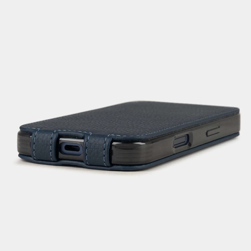 Blue Calfskin Case iPhone 17 Pro Max - flat side view displaying ultra-thin handcrafted design, USB-C port opening and precise edge finishing
