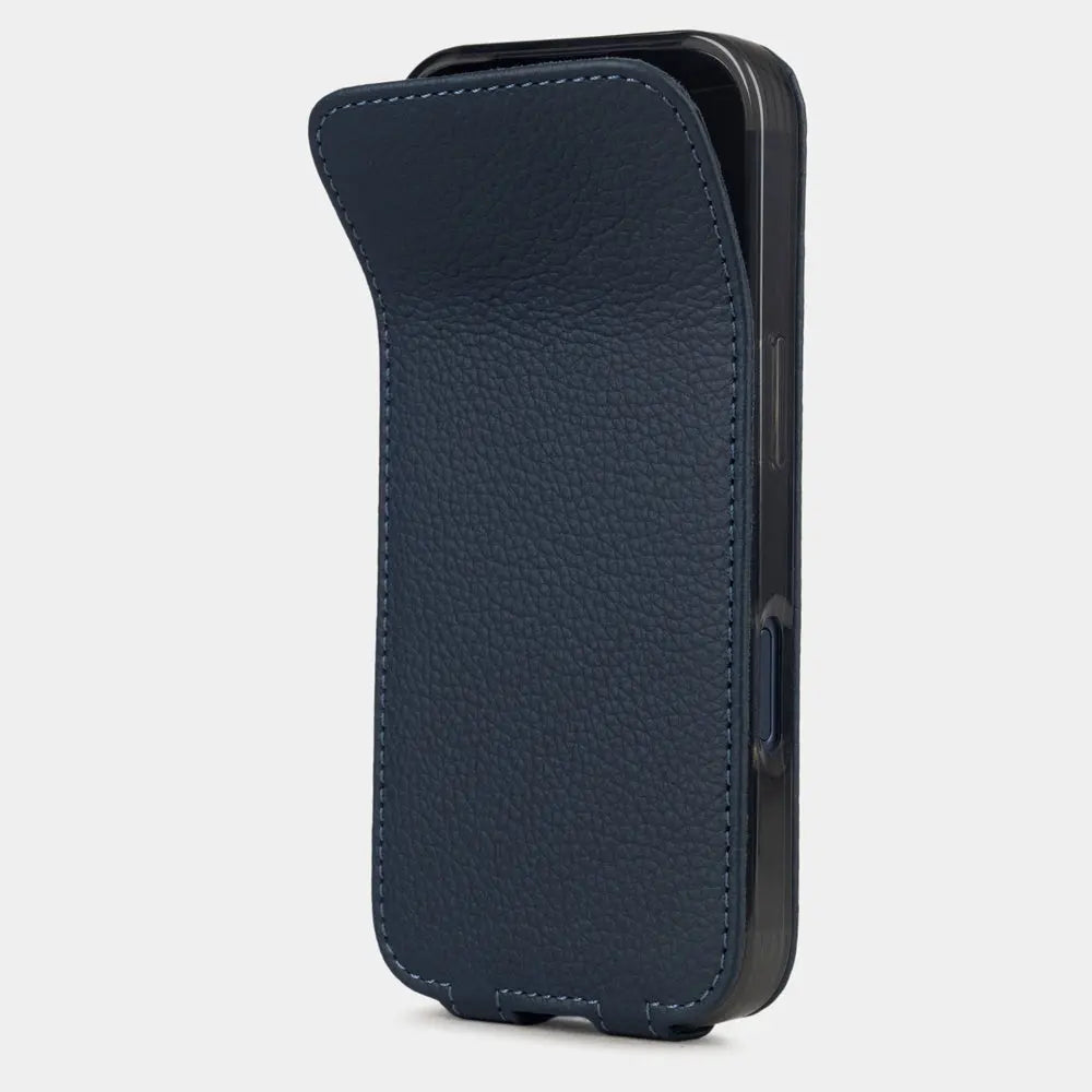 blue Calfskin Case iPhone 17 Pro Max – phone flip case with textured natural scale pattern, flexible front cover folding back to protect the smartphone screen
