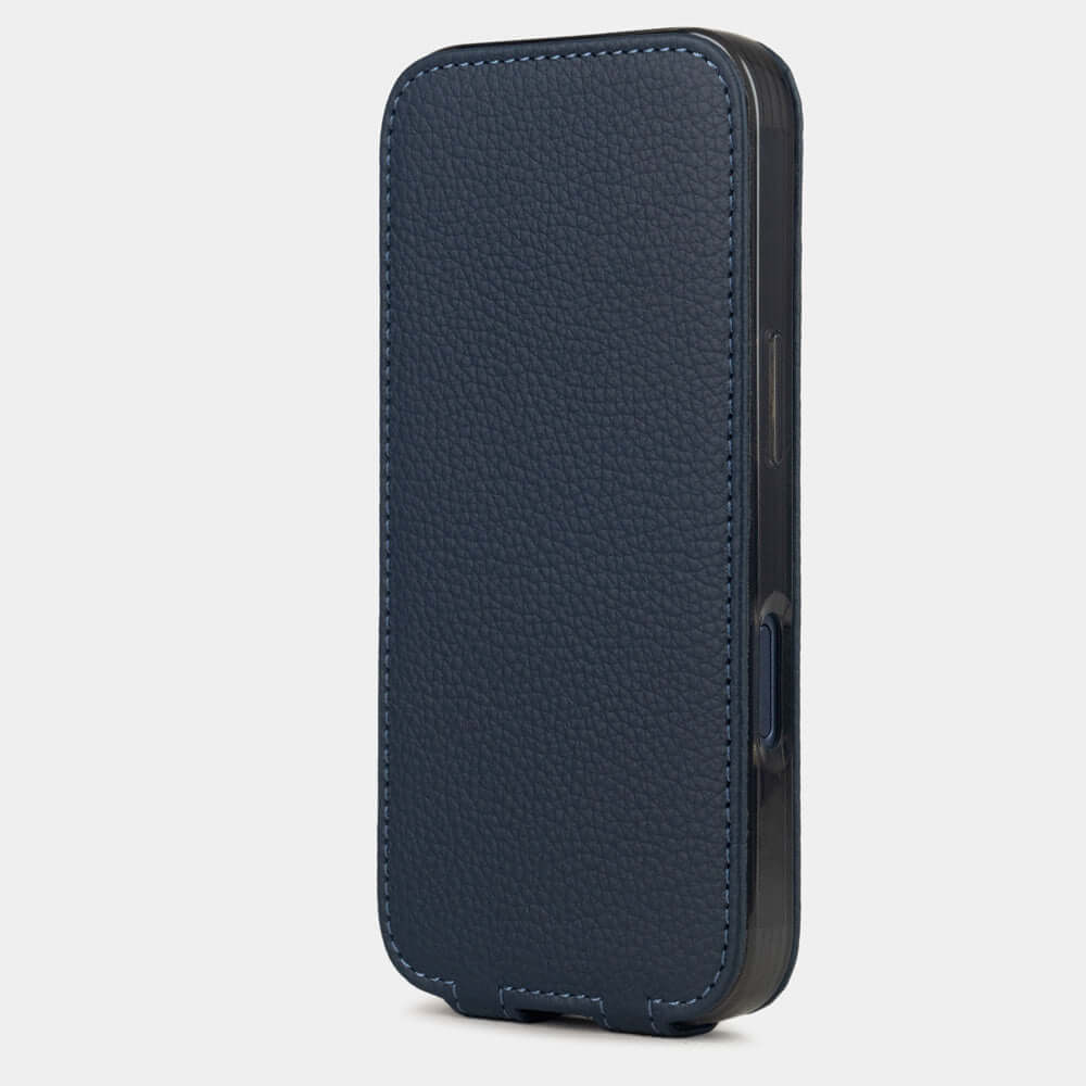 Blue Calfskin Case iPhone 17 Pro Max– upright closed view highlighting the magnetic front cover fully protecting the screen, elegant silhouette