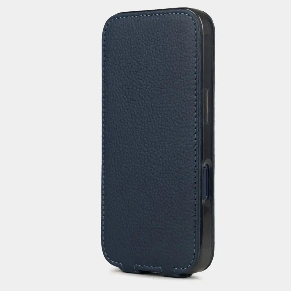 blue Calfskin Case iPhone 17 Pro Max – upright closed view highlighting the magnetic front cover fully protecting the screen, elegant silhouette