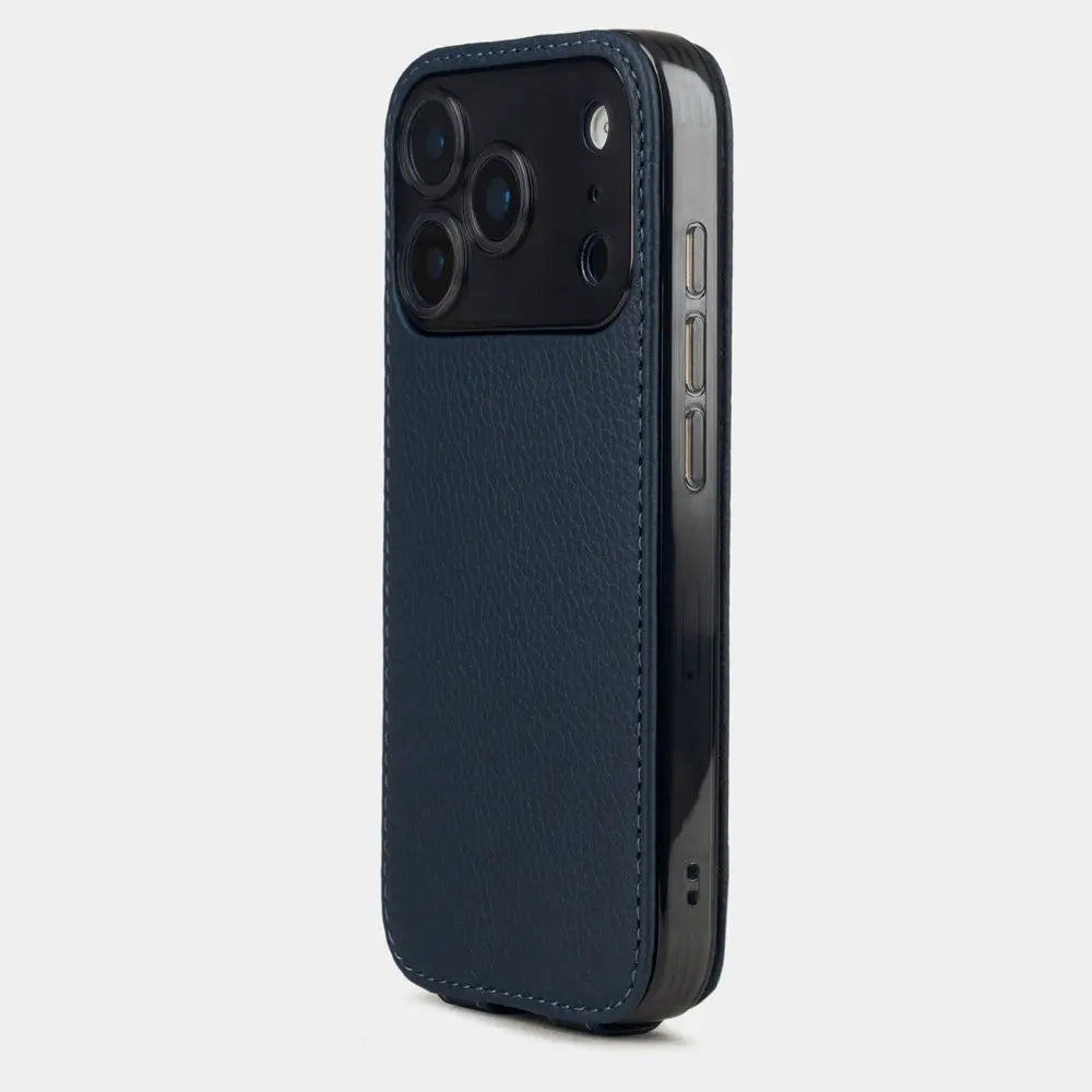 blue Calfskin Case iPhone 17 Pro Max blue - view from camera side and how the lenses are efficiently protected
