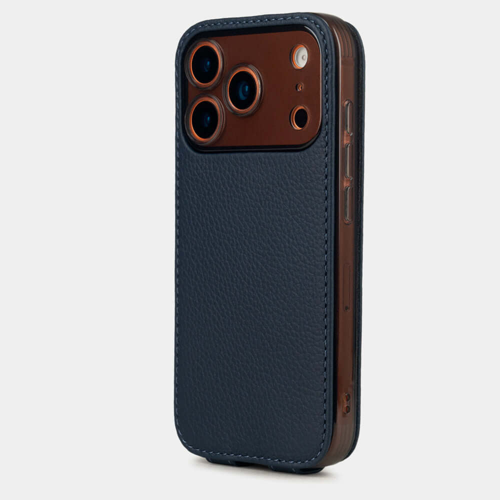 Blue Calfskin Case iPhone 17 Pro Max orange - view from camera side and how the lenses are efficiently protected