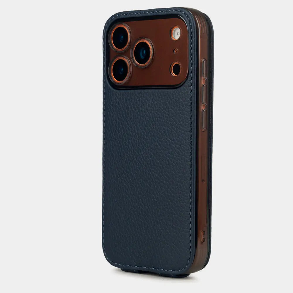 blue Calfskin Case iPhone 17 Pro Max orange - view from camera side and how the lenses are efficiently protected