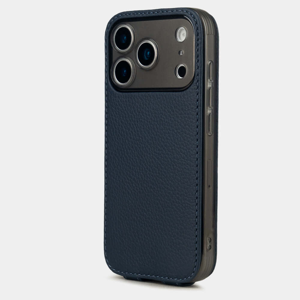 Blue Calfskin Case iPhone 17 Pro Max silver - view from camera side and how the lenses are efficiently protected