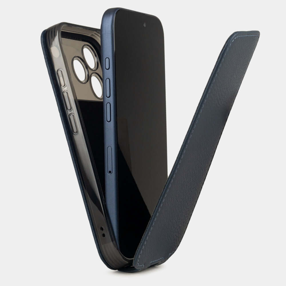 Blue Calfskin Case iPhone 17 Pro Max - flip phone case shown open on smartphone, natural scale texture with folding front cover