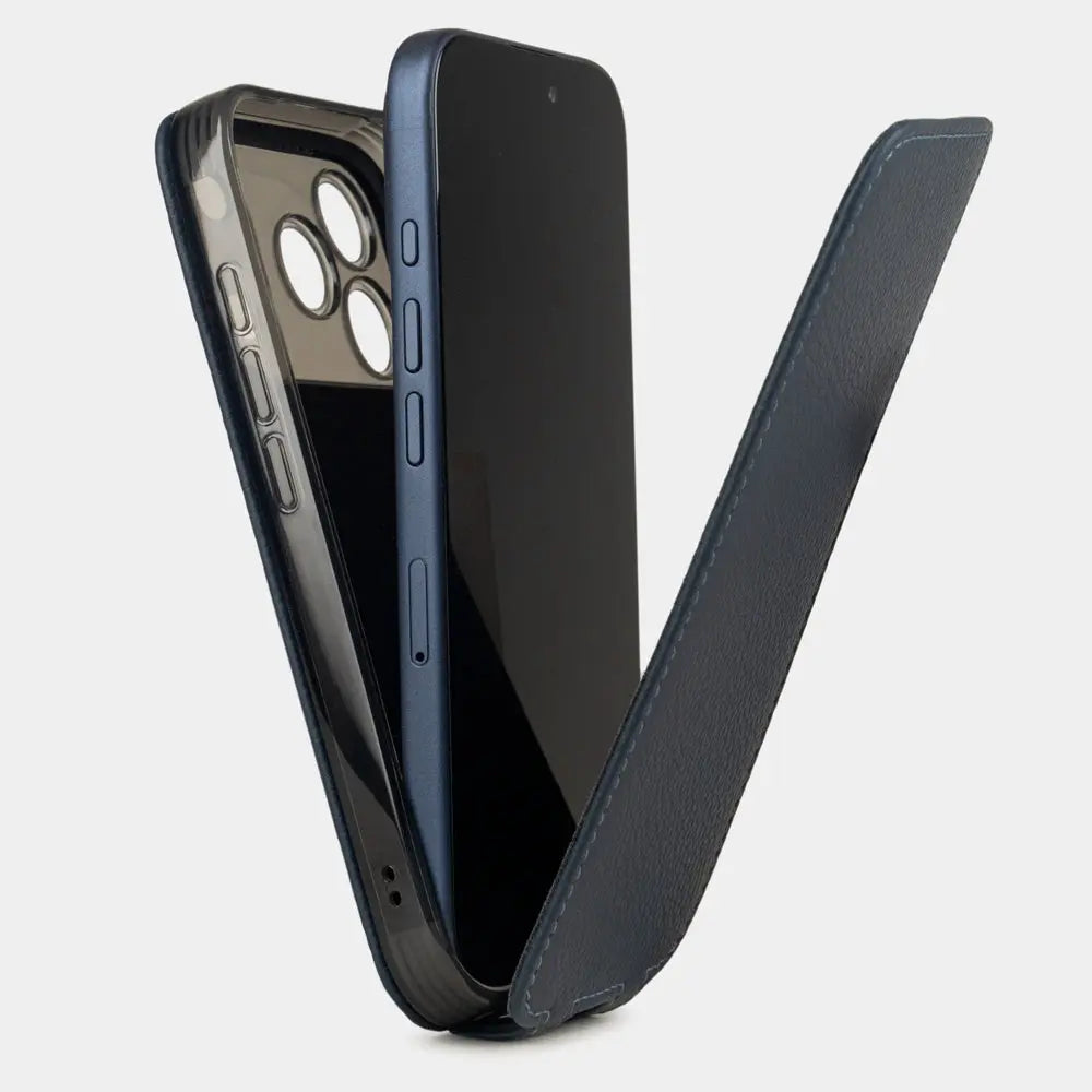 blue calfskin Case iPhone 17 Pro Max - view how the iphone is inserted into the silicone case and the soft cover
