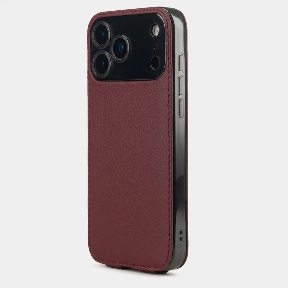 bordeaux Calfskin Case iPhone 17 Pro Max blue - view from camera side and how the lenses are efficiently protected
