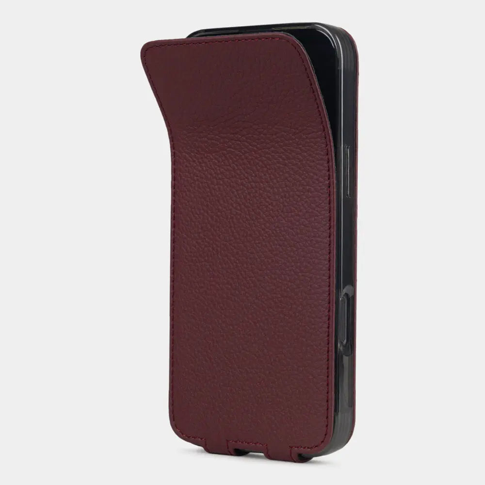 bordeaux Calfskin Case iPhone 17 Pro Max – phone flip case with textured natural scale pattern, flexible front cover folding back to protect the smartphone screen