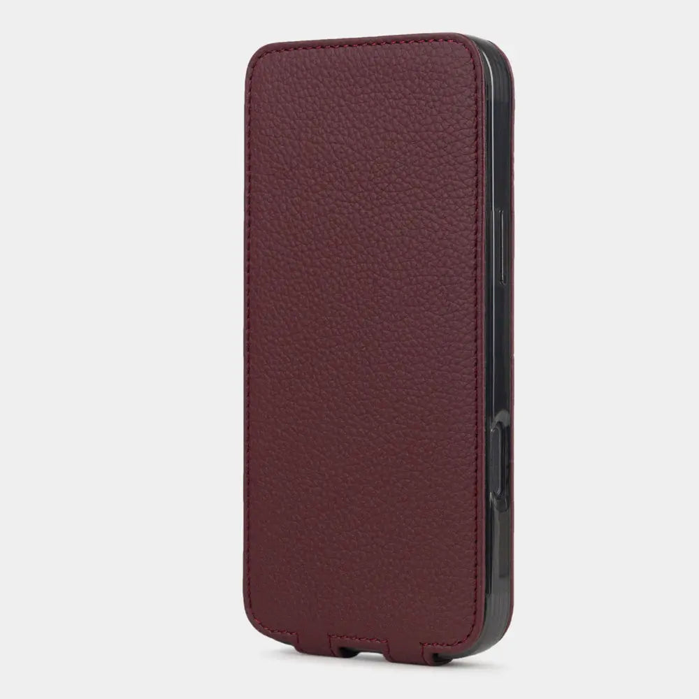 bordeaux calfskin case iPhone 17 Pro Max – upright closed view highlighting the magnetic front cover fully protecting the screen, elegant silhouette