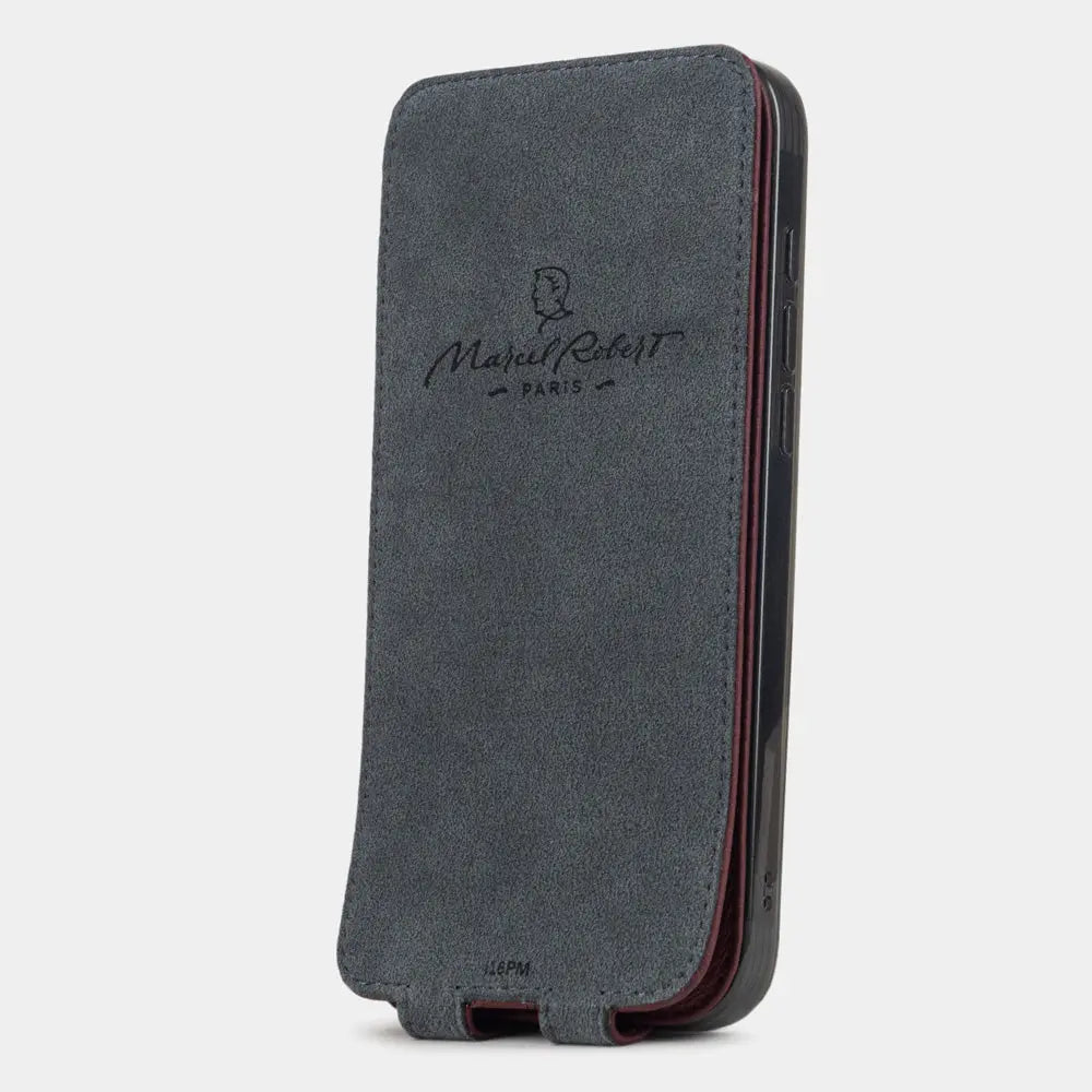 bordeaux Calfskin Case iPhone 17 Pro Max - interior view showing grey Alcantara lining with magnetic closure, designed to clean and protect the screen