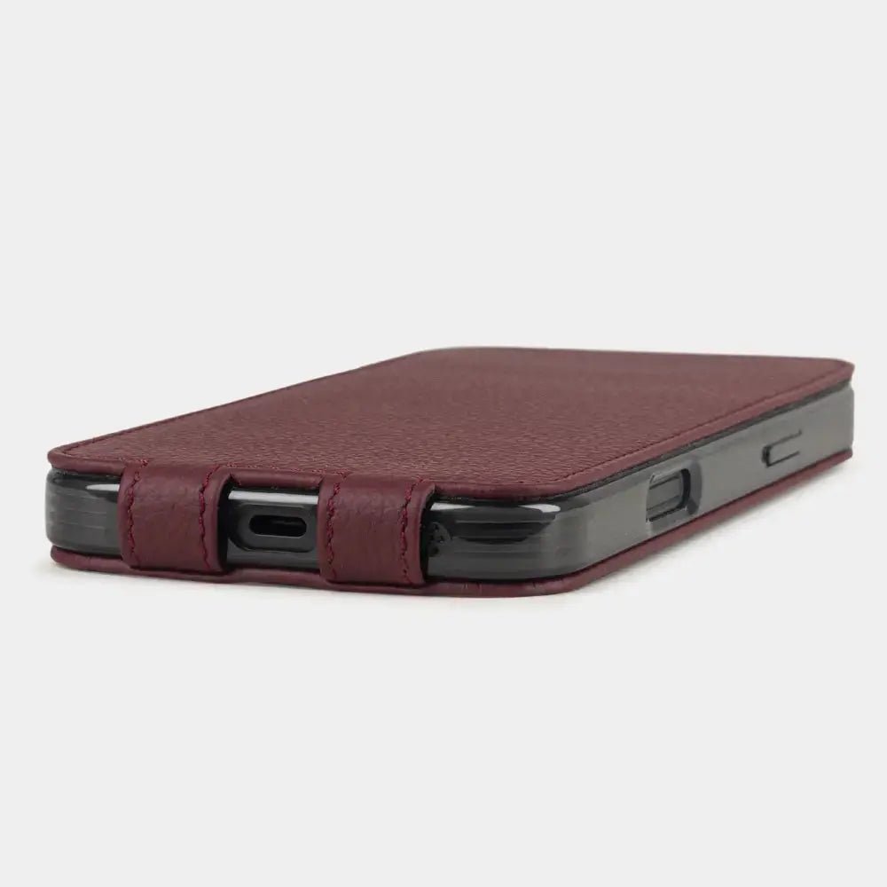 bordeaux calfskin Case iPhone 17 Pro Max - flat side view displaying ultra-thin handcrafted design, USB-C port opening and precise edge finishing