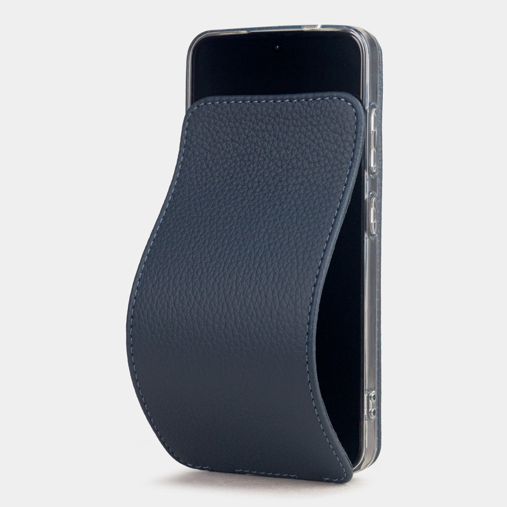 Samsung S24 Plus blaue Lederhülle, flexible Klappe faltet sich vollständig flach gegen die Rückseite