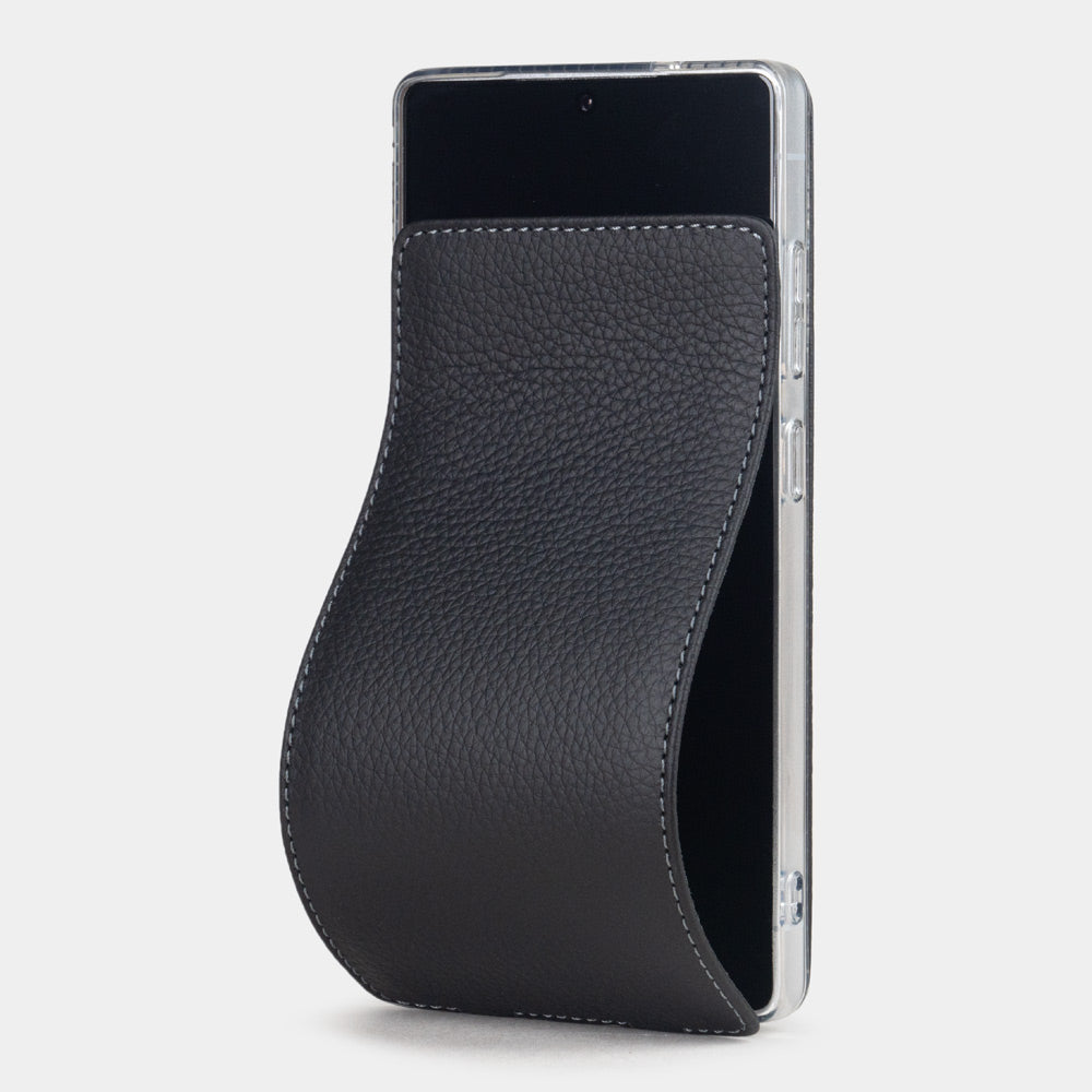 black calfskin flip case Samsung Galaxy S26 Ultra – luxury handmade phone case in genuine leather with magnetic front cover partially open