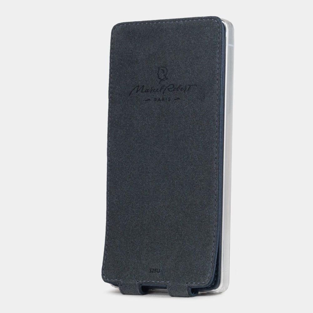 blue leather flip case Samsung S26 Ultra Alcantara-lined magnetic flap that folds back during calls