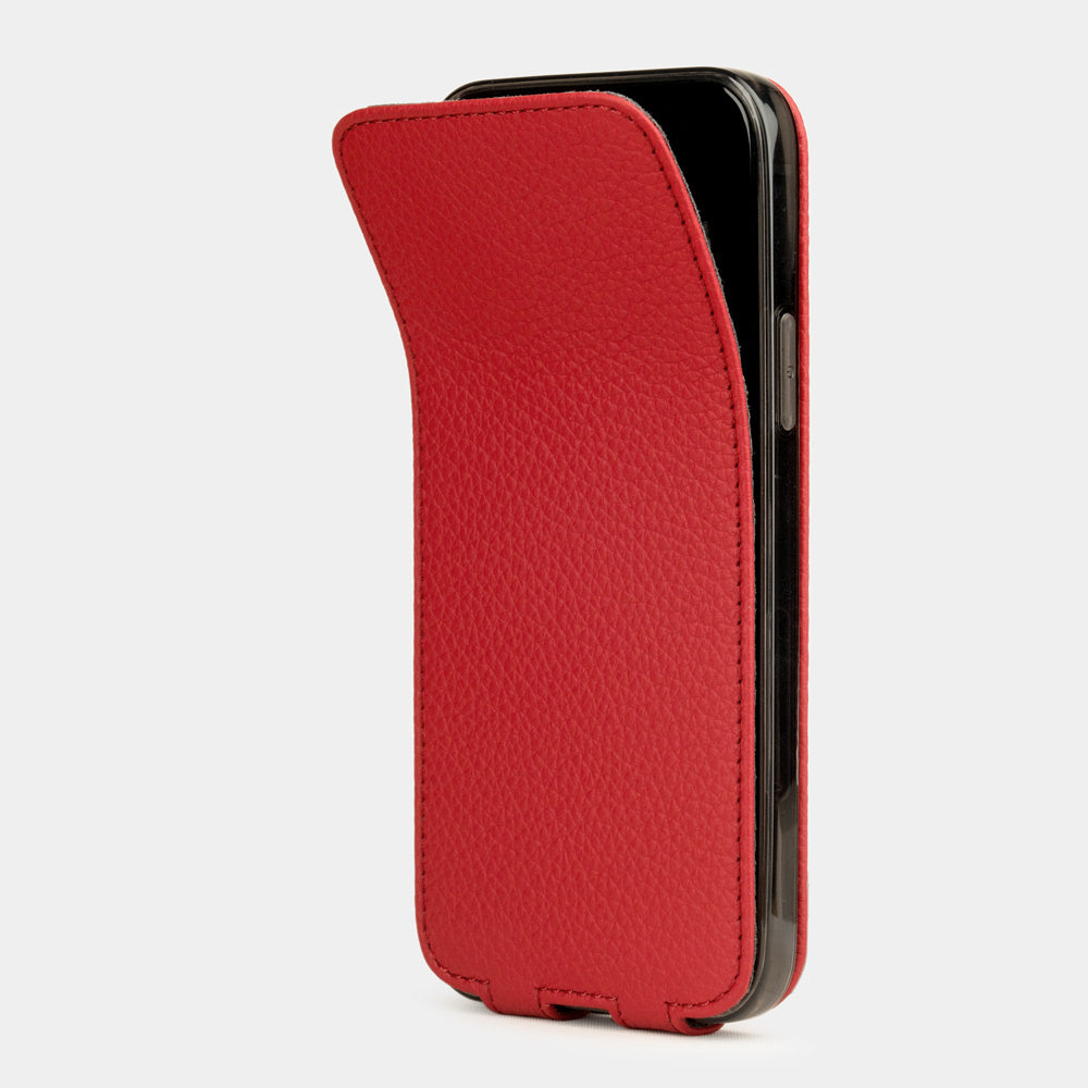 red leather iPhone 12 pro flip case shown partially open, slim handcrafted leather cover with magnetic flap