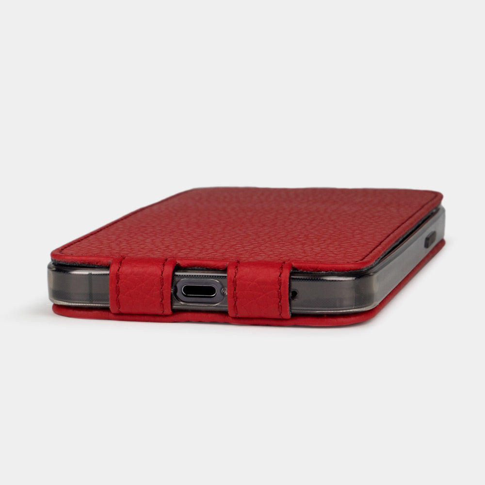 red leather flip case for iPhone 13 mini, view of the case laid flat showing its slim profile