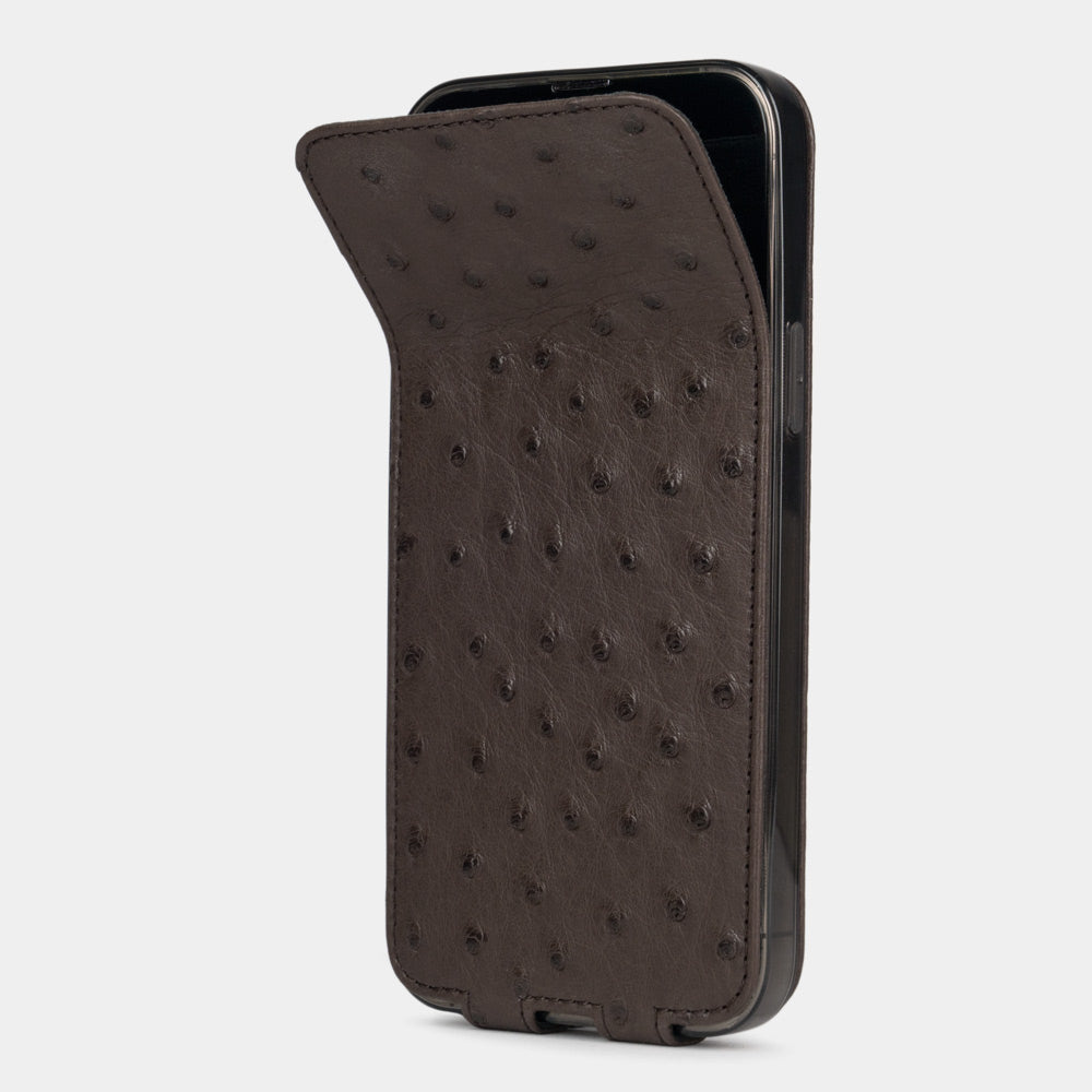 brown ostrich leather iPhone 13 mini flip case shown partially open, slim handcrafted leather cover with magnetic flap