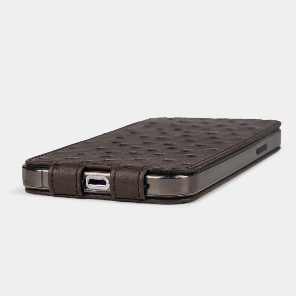 brown ostrich leather flip case for iPhone 13 mini, view of the case laid flat showing its slim profile
