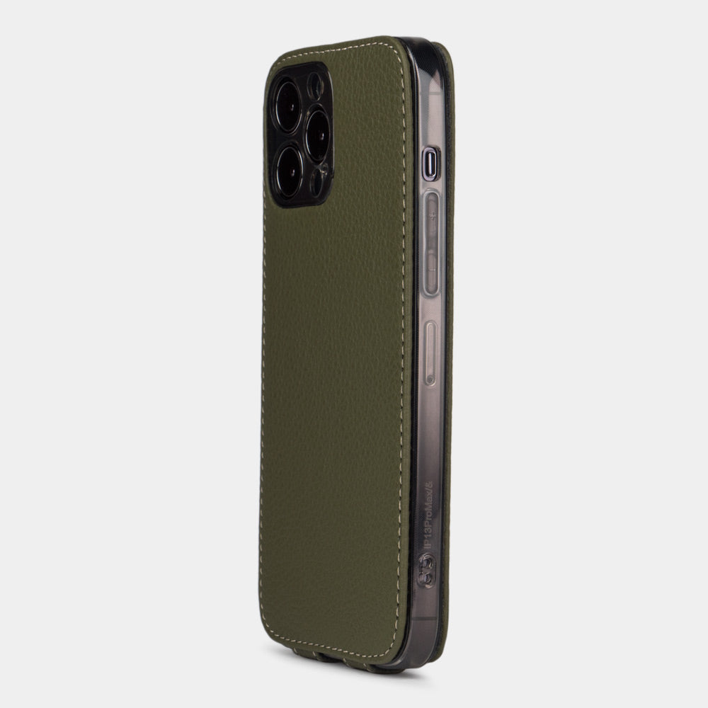 iPhone 14 Pro Max flip case made with green premium leather – view from the camera side showing how the leather efficiently protects the camera block