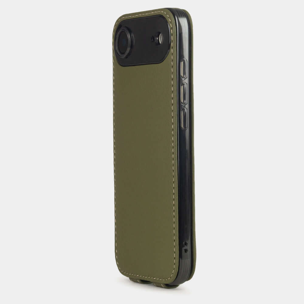Green Calfskin Case iPhone 17 Air - view from camera side and how the lenses are efficiently protected