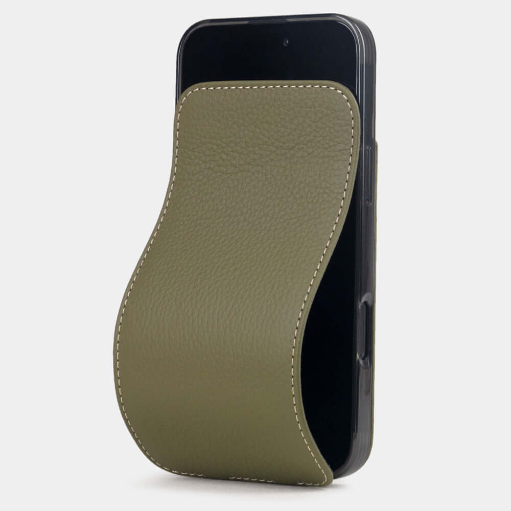 Green Calfskin Case iPhone 17 – luxury handmade phone case in genuine leather with magnetic front cover partially open, main photo