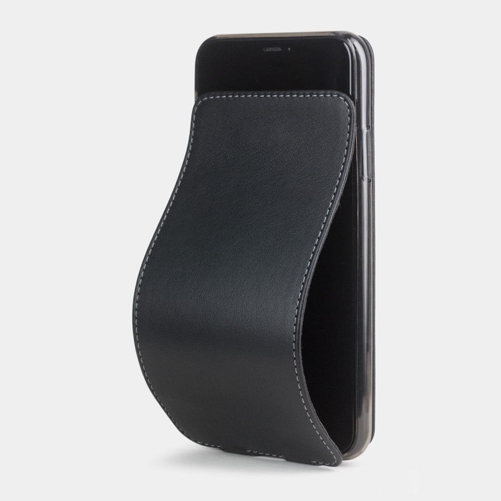 Black calfskin leather flip case iPhone 11 Pro, Marcel Robert handmade magnetic folding cover