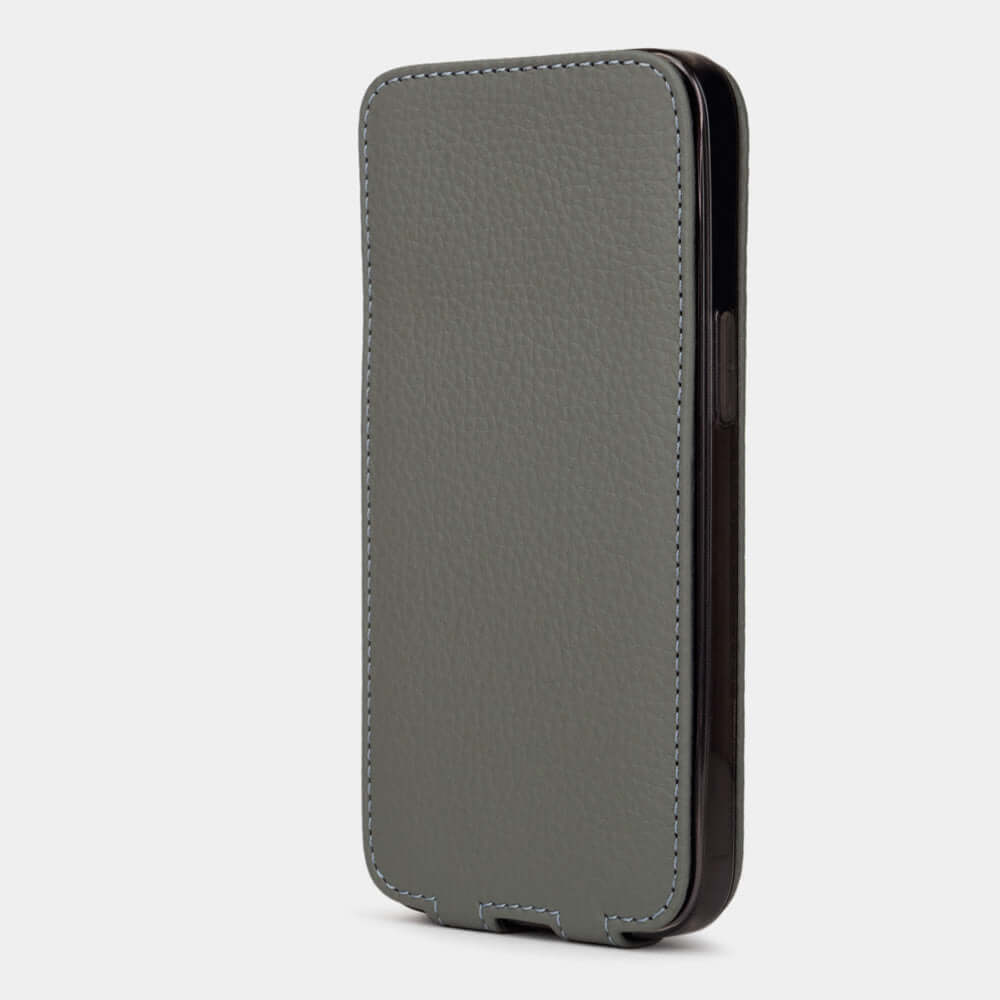 Grey Calfskin Case iPhone 15 – upright closed view highlighting the magnetic front cover fully protecting the screen, elegant silhouette