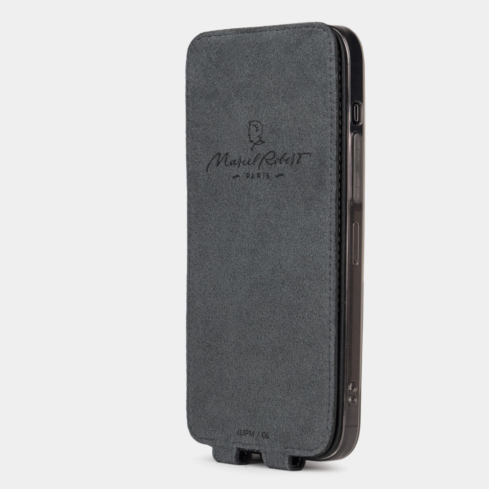 flip case iphone 15 pro black leather grey alcantara lining to clean screen