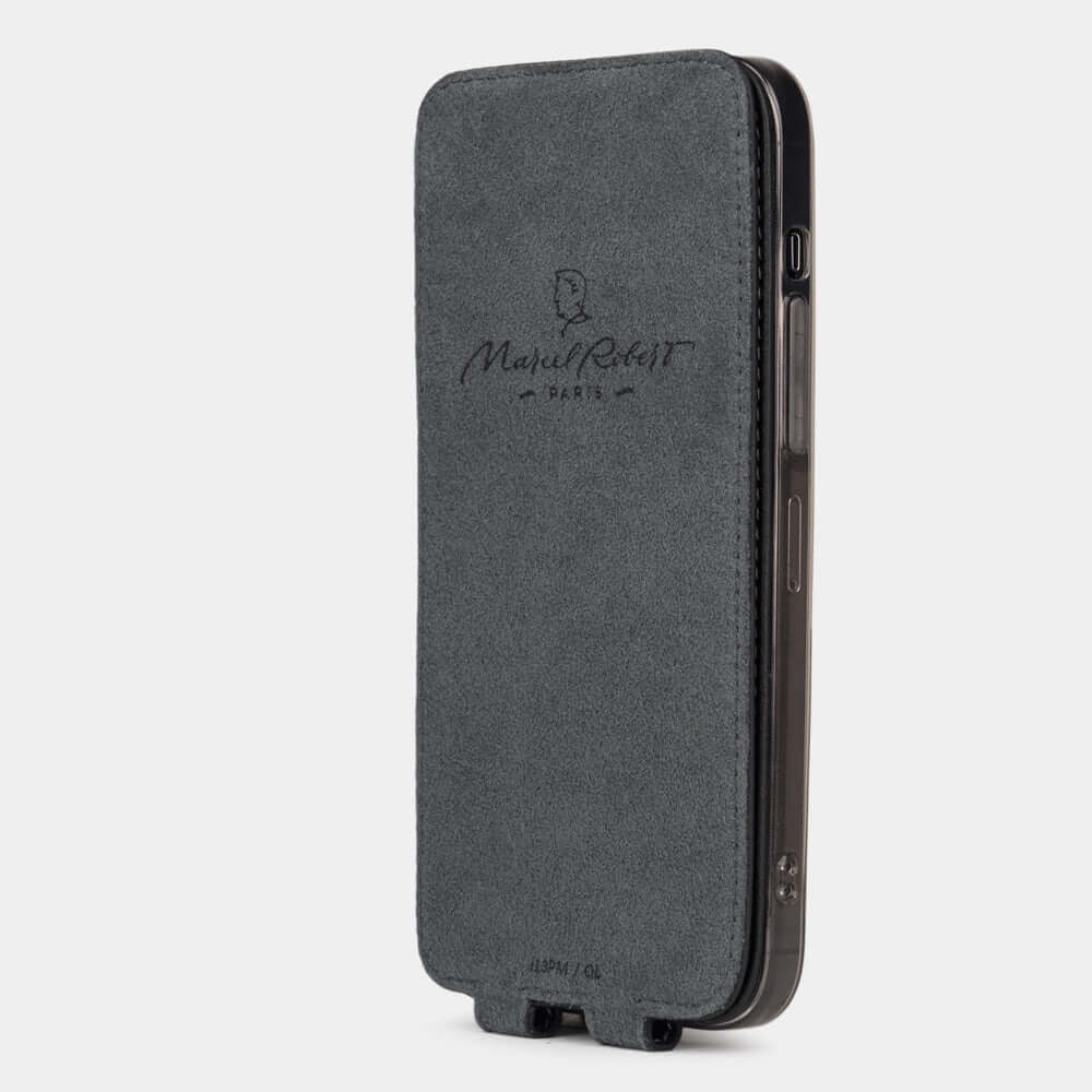 Black Calfskin Case iPhone 15 - interior view showing grey Alcantara lining with magnetic closure, designed to clean and protect the screen