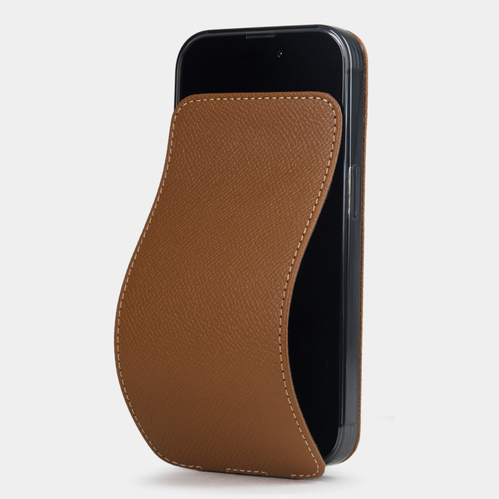 gold calfskin case iPhone 15 Pro – luxury handmade phone case in genuine leather with magnetic front cover partially open