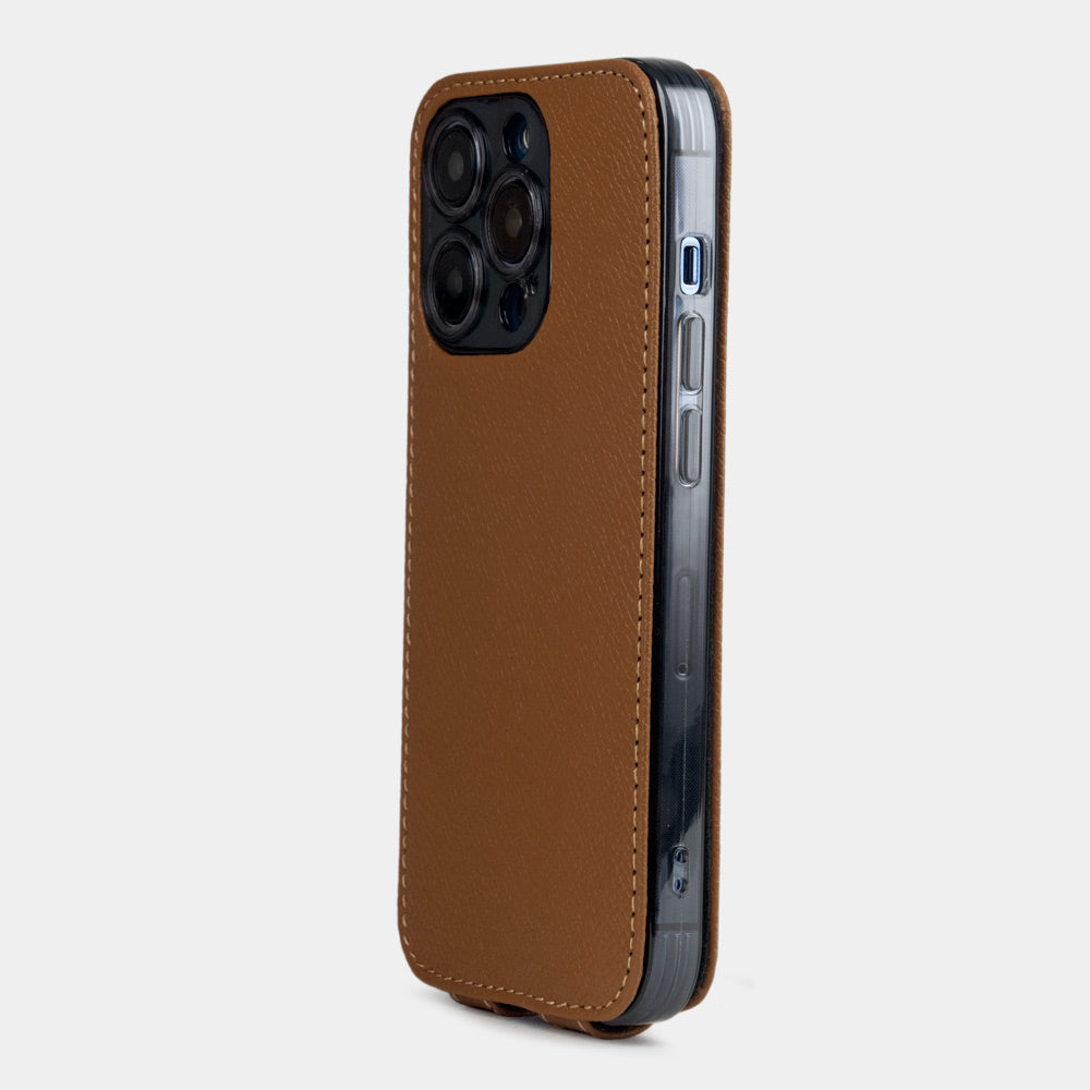 gold calfskin Case iPhone 15 Pro - view how the iphone is inserted into the silicone case and the soft cover