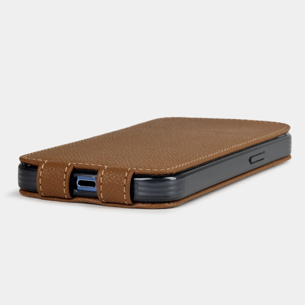 gold Calfskin Case iPhone 15 Pro - interior view showing grey Alcantara lining with magnetic closure, designed to clean and protect the screen
