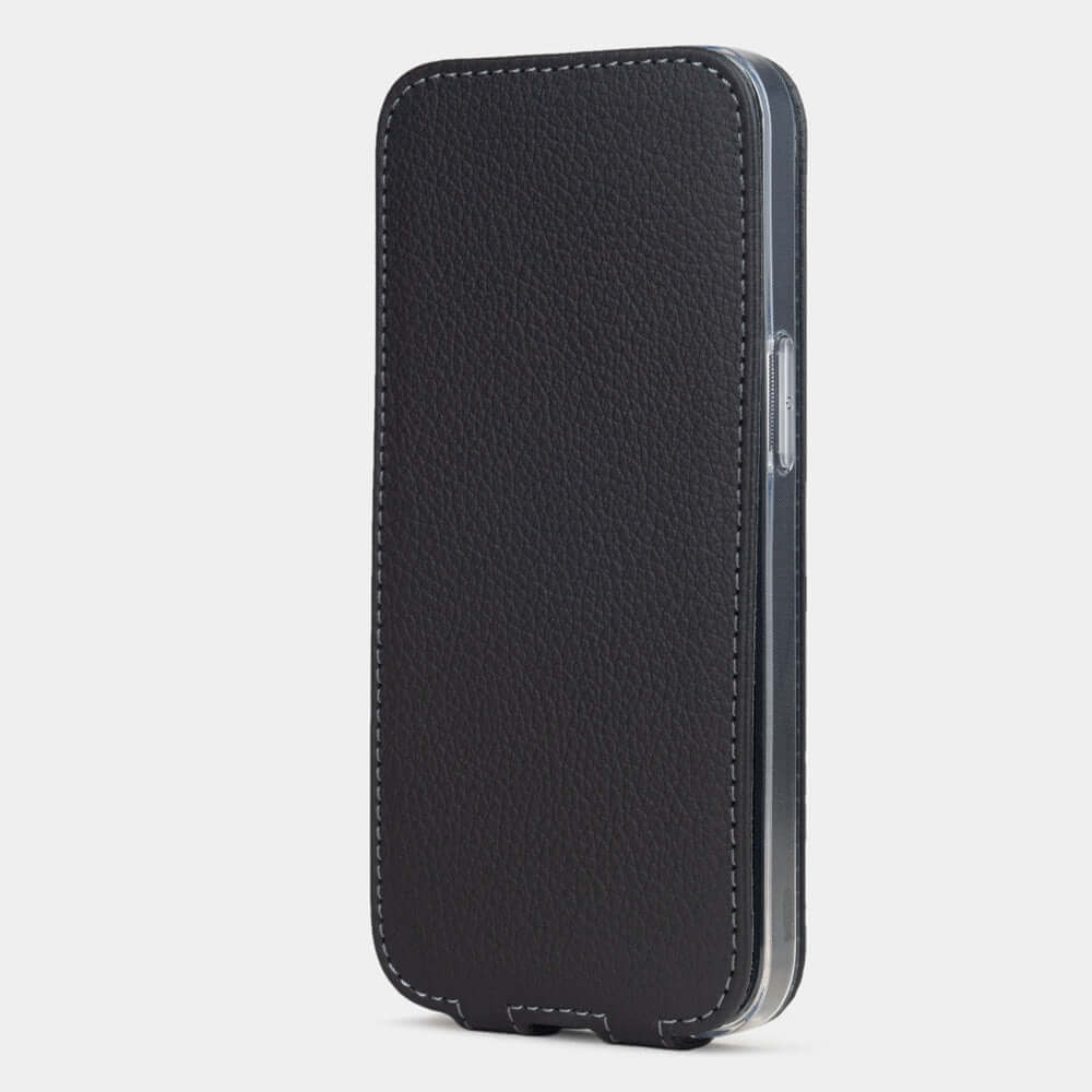 Black Calfskin Case iPhone 16 e – upright closed view highlighting the magnetic front cover fully protecting the screen, elegant silhouette
