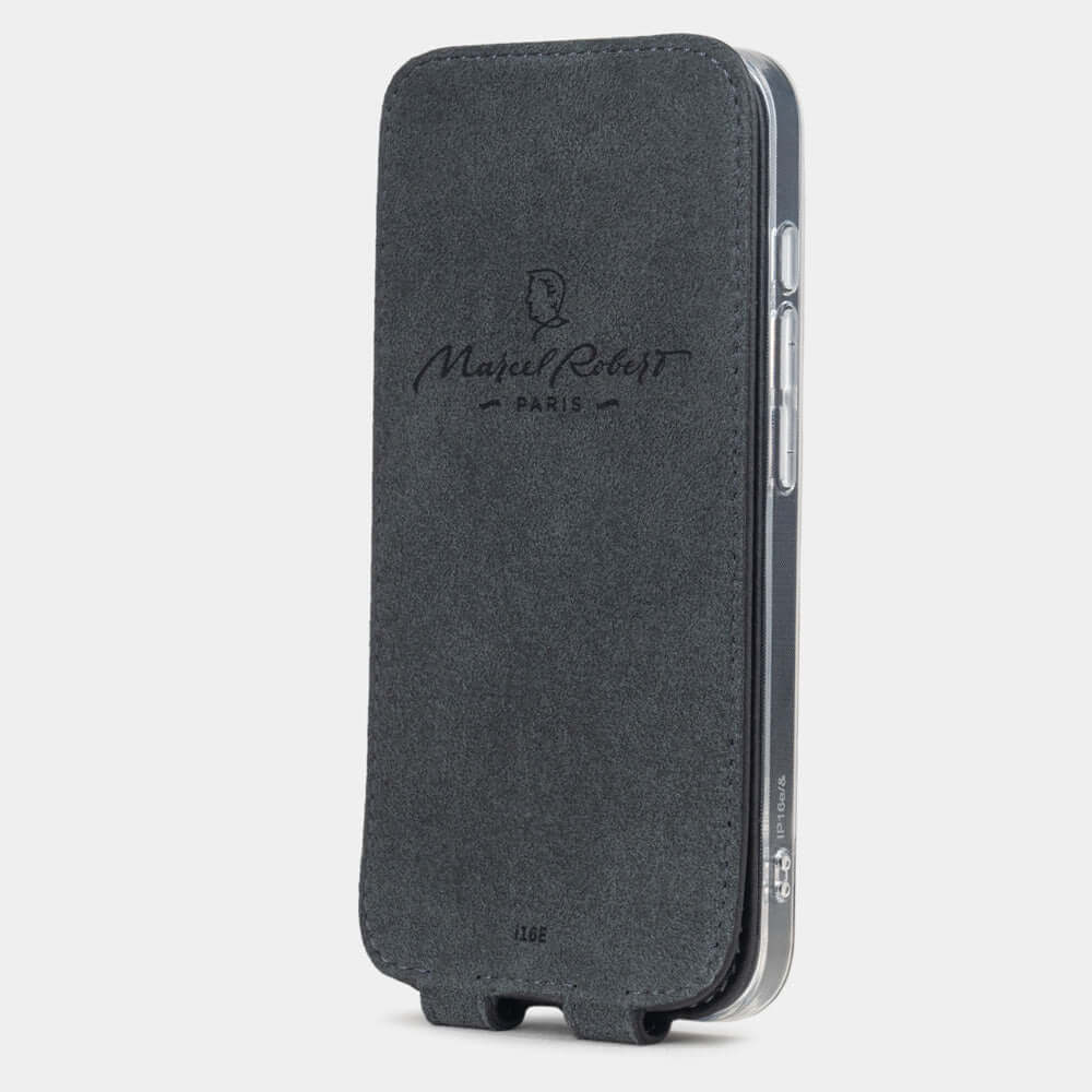 Black Calfskin Case iPhone 16 e - interior view showing grey Alcantara lining with magnetic closure, designed to clean and protect the screen