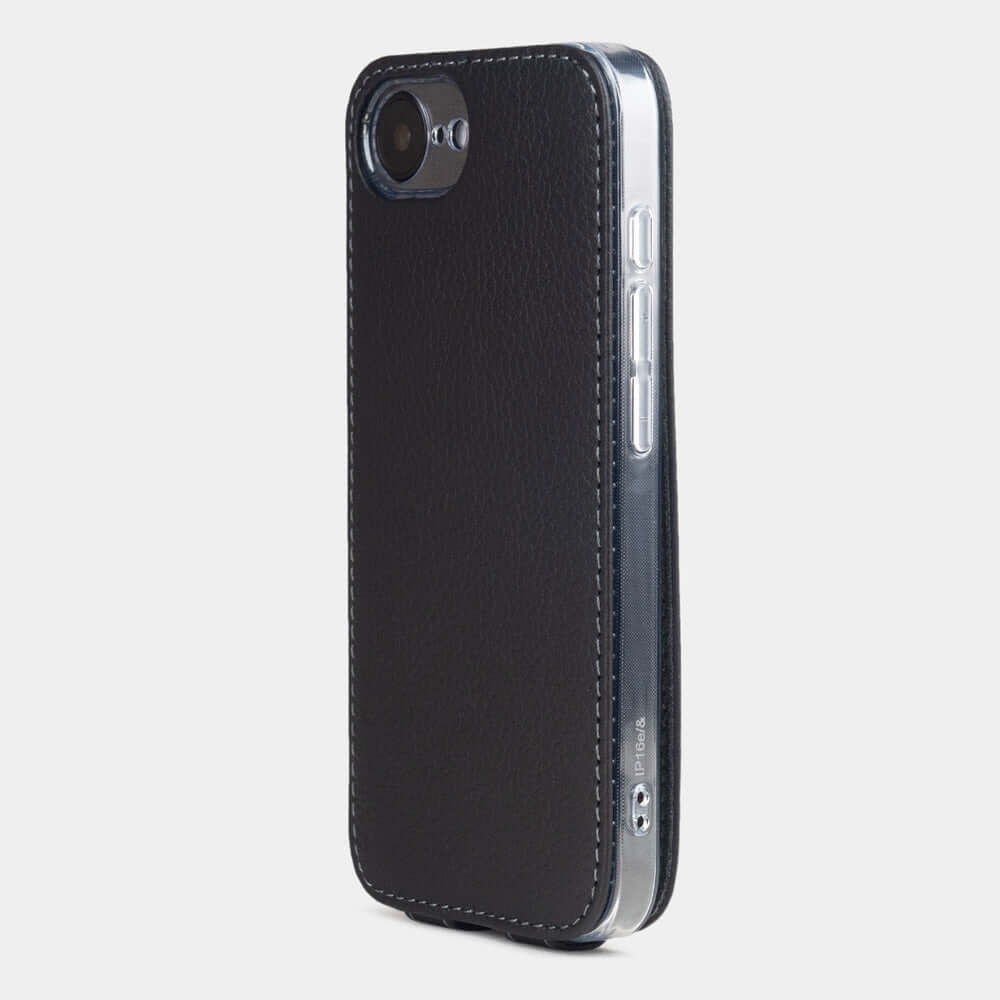 BlackCalfskin Case iPhone 16 e - view from camera side and how the lenses are efficiently protected