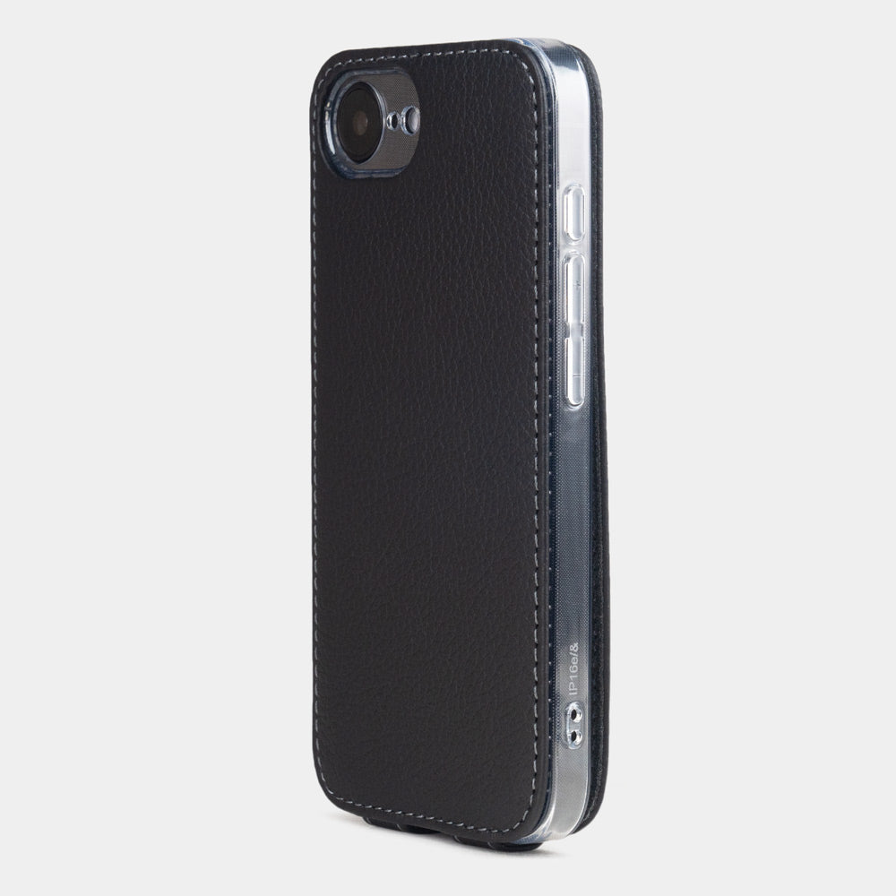 Black Calfskin Flip Case iPhone 16e - view from camera side and how the lenses are efficiently protected
