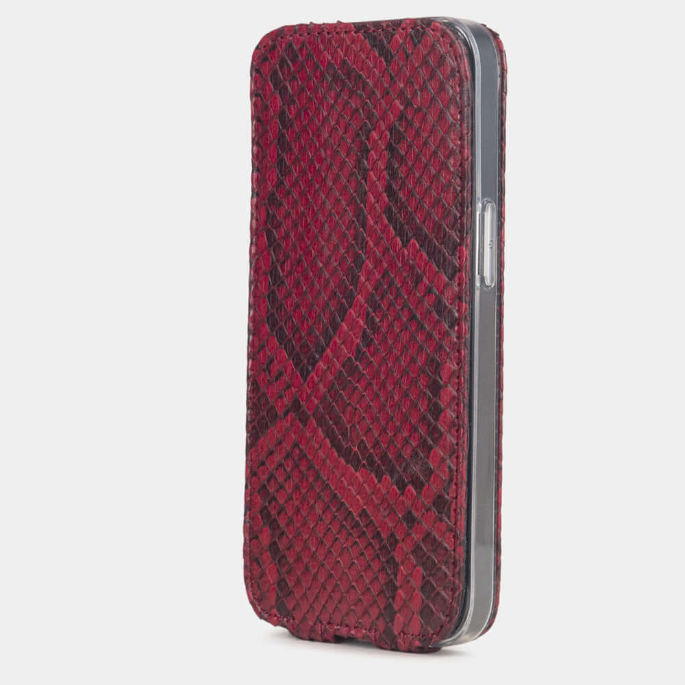 Bordeaux Python Case iPhone 16e – upright closed view highlighting the magnetic front cover fully protecting the screen, elegant silhouette